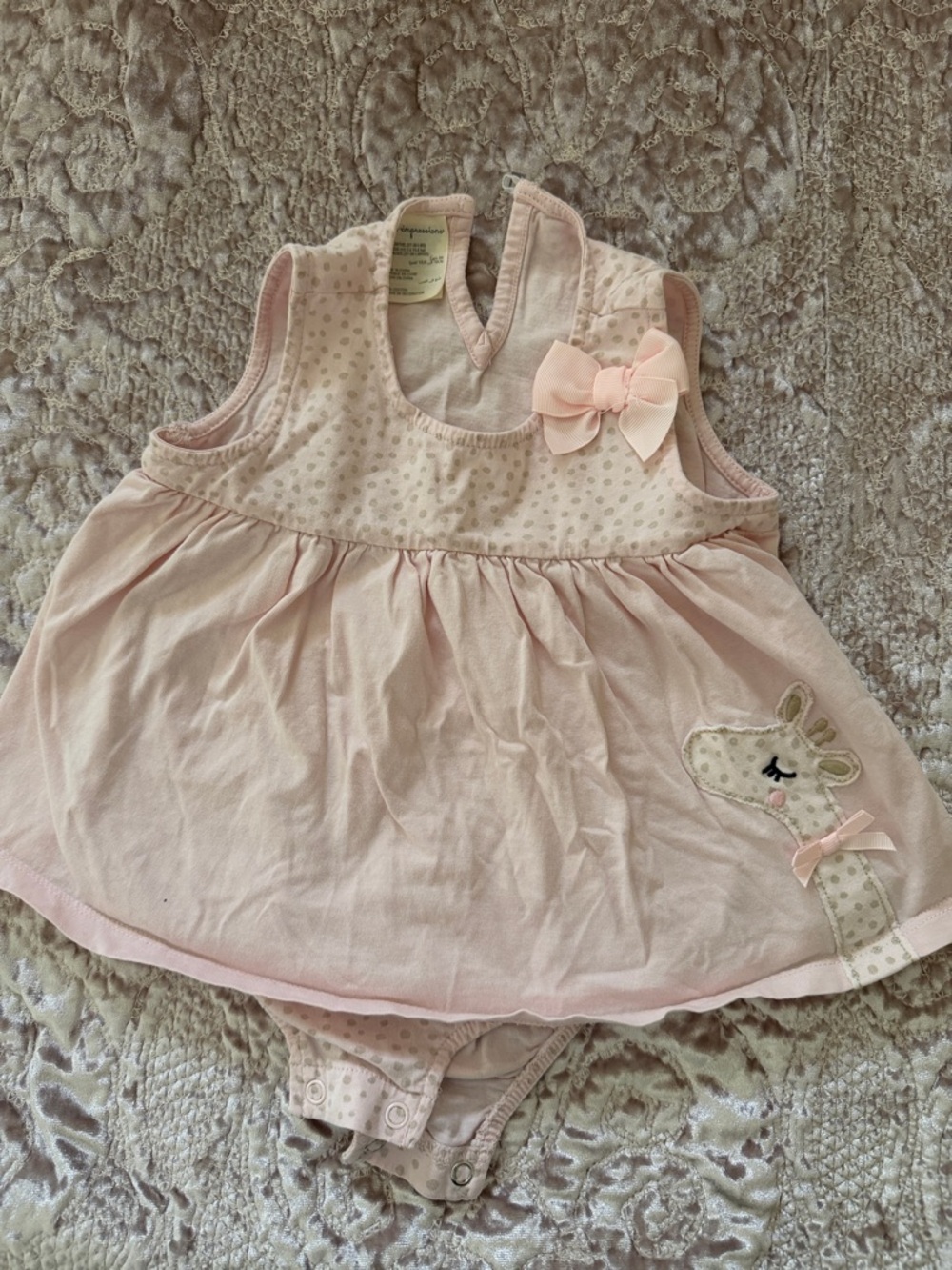 Baby Girls Pink Sleeveless Giraffe Dress Bodysuit with Bow